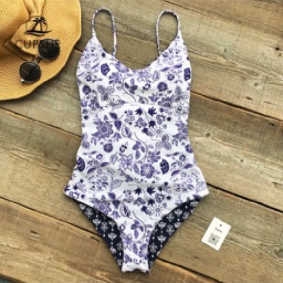 Cupshe Reversible One Piece Blue & White Print Sm - Picture 5 of 6